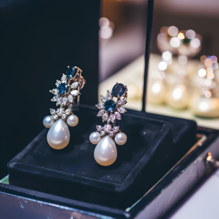 Beautiful earrings in jewelry store, closeup. Luxury accessoriesの素材