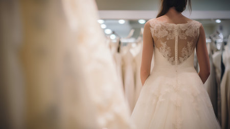 Wedding dress on a beautiful bride in a bridal salonの素材