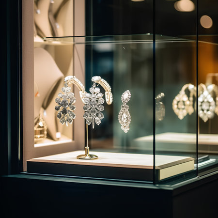 jewelry store window display with earrings in luxury shop windowの素材