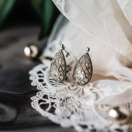Silver earrings on the background of a white lace fabric, selective focusの素材