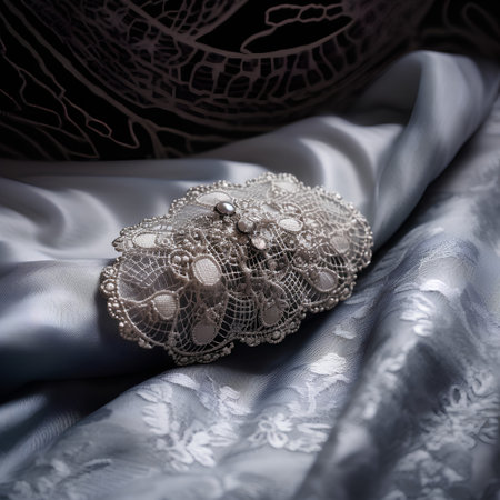 wedding rings on the background of a white satin with laceの素材