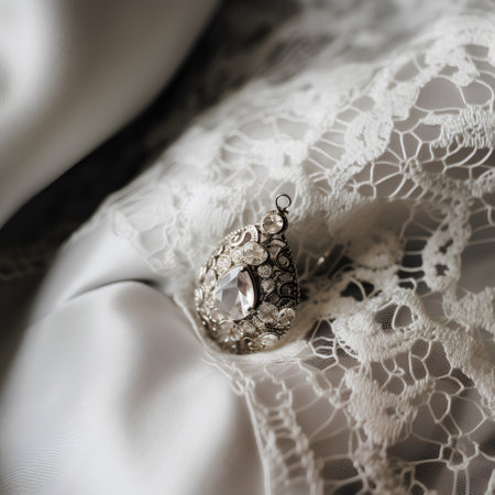Jewelry on the background of a white lace. Close-upの素材