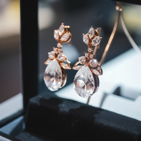 jewelry and luxury concept - close up of earrings in jewelry storeの素材