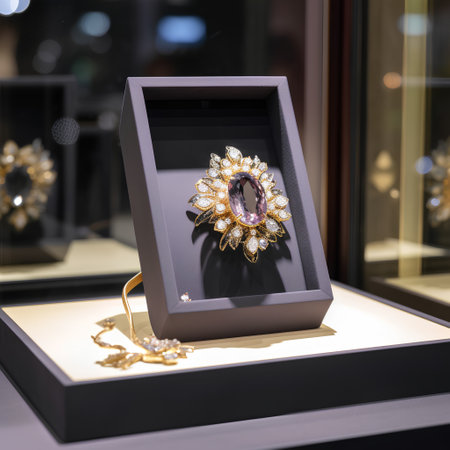 Jewelry shop window display with diamond earrings on display.の素材