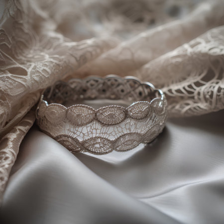 Wedding rings on a white satin fabric with lace.の素材
