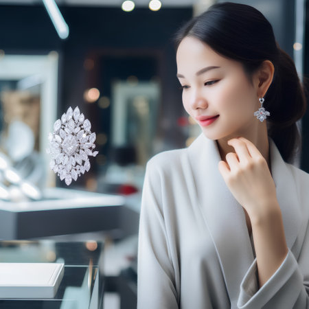Beautiful asian woman with diamond earrings in jewelry store.の素材