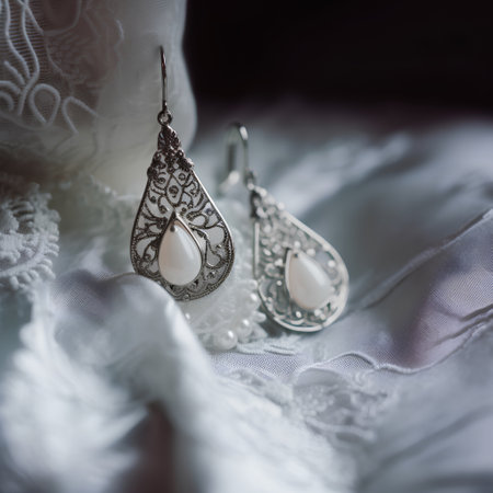 Vintage silver earrings on a white lace background, selective focusの素材
