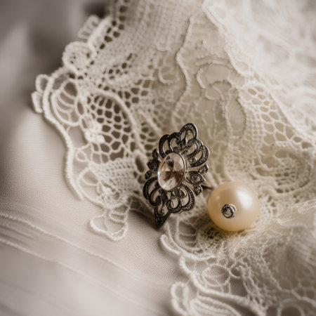 Wedding rings with pearls on lace background. Selective focus.の素材