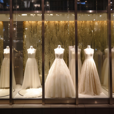 Wedding dresses in a shop window. Luxury wedding dresses.の素材