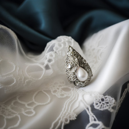 Wedding rings on a white satin background with lace.の素材