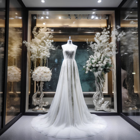 Wedding dress on a mannequin in a shop windowの素材