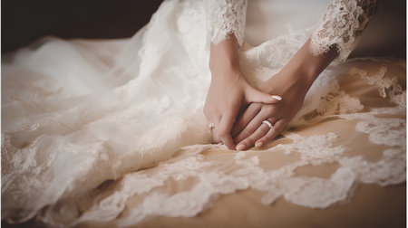 Wedding day. Bride and groom holding hands on the bedの素材