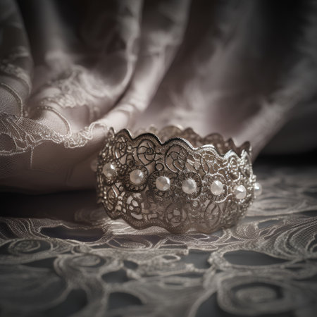 Wedding rings on a lace background. Selective focus.の素材