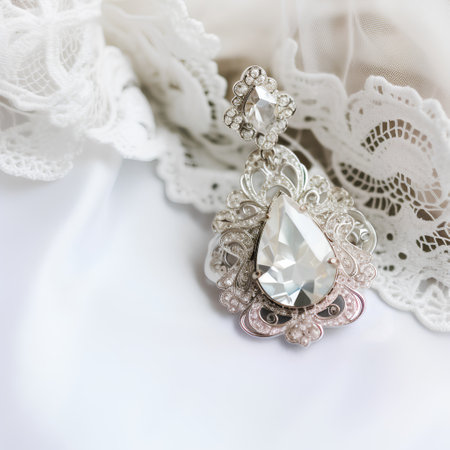 Silver jewelry on white satin background, close-up. Wedding conceptの素材