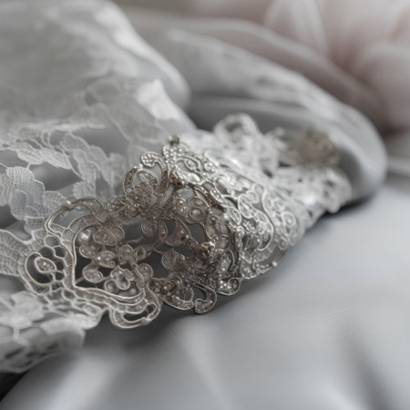 Wedding details: a pair of wedding rings on a white fabricの素材