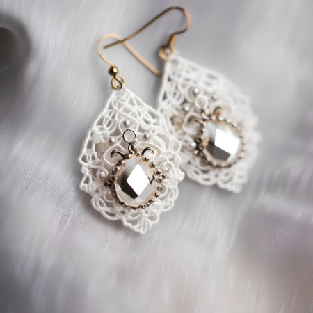 Beautiful earrings on white satin background. Selective focus.の素材
