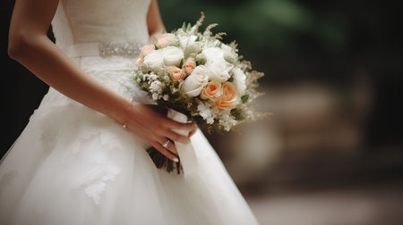 Beautiful wedding bouquet in hands of the bride. Wedding dressの素材