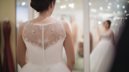 Wedding dress on a bride in a wedding dress in a boutiqueの素材