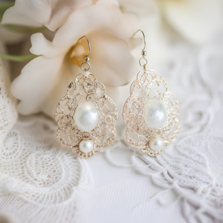 Jewelry earrings with pearls on a white lace backgroundの素材