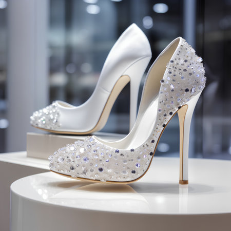 High heel shoes in store window display. 3d render. Shallow depth of field.の素材