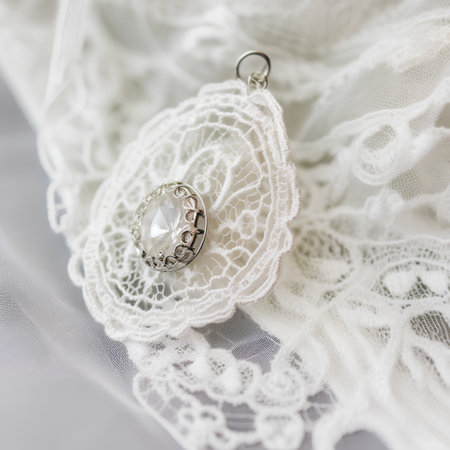Lace wedding pendant on a white lace background closeup.の素材