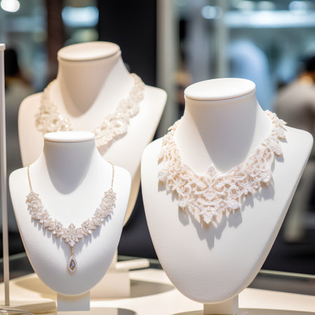 Lace necklace on mannequins in a shop window.の素材