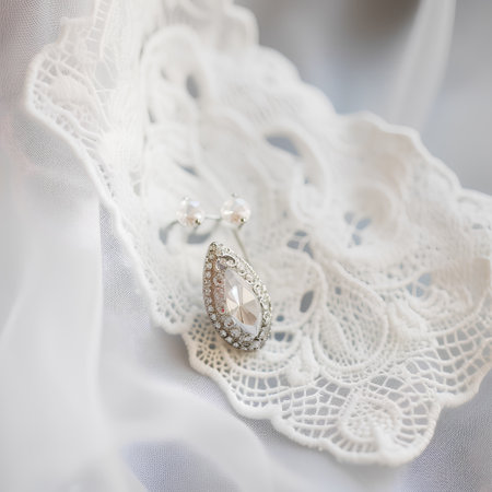 Beautiful earrings on a white lace background. Selective focus.の素材