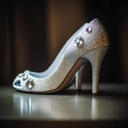 Wedding shoes with rhinestones on a background of curtainsの素材