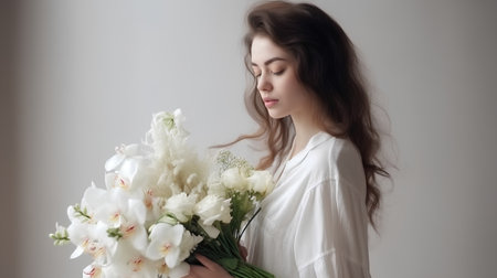 Portrait of a beautiful young woman with bouquet of white flowersの素材
