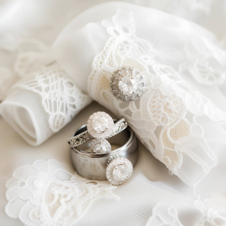 Wedding rings and lace on a white background. Wedding detailsの素材