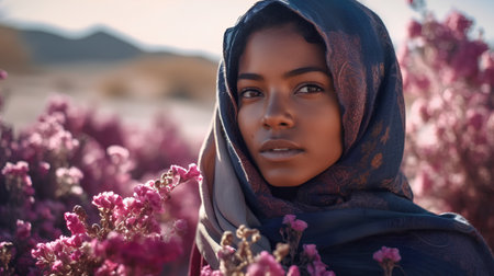 Portrait of a beautiful young muslim woman with hijab and flowers in the backgroundの素材