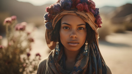 Beautiful african american woman wearing headscarf in desertの素材