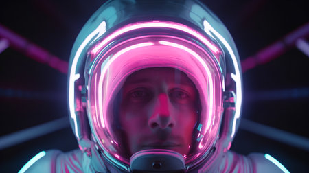 Astronaut in helmet on dark background with neon lights. Future technology conceptの素材