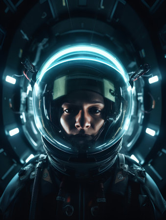 Astronaut in futuristic space suit looking at camera. Mixed mediaの素材