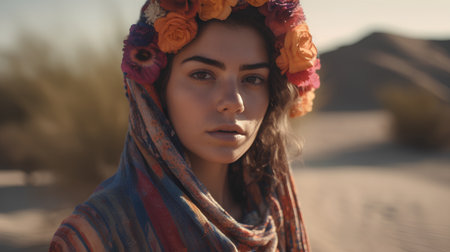 Portrait of a beautiful girl in a wreath of flowers in the desert.の素材
