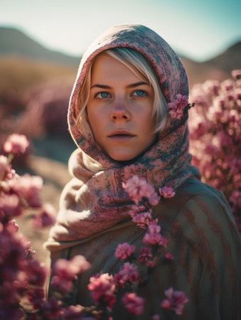 Portrait of a beautiful girl with blond hair in a turban on the background of pink flowersの素材