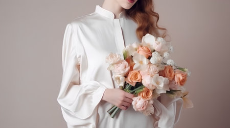 beautiful girl in a white shirt with a bouquet of flowersの素材