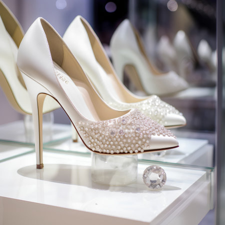Women's high-heeled shoes with pearls in store windowの素材