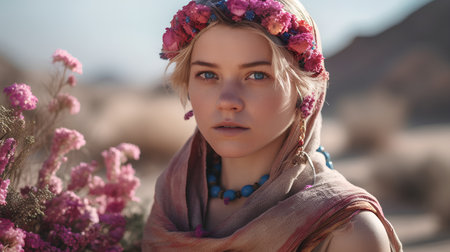 Portrait of a beautiful girl with flowers in her hair in the desertの素材