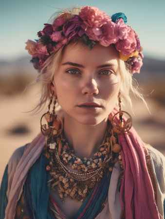 Portrait of a beautiful young hippie woman in the desert.の素材