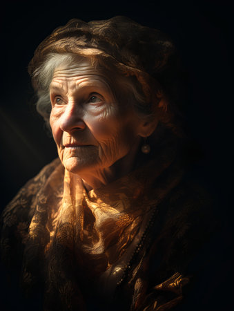 Portrait of an elderly woman on a dark background. Studio shot.の素材