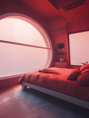Interior of modern bedroom with red walls, concrete floor, comfortable king size bed and round window. 3d renderingの素材