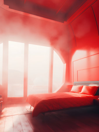 Modern bedroom interior with red walls, wooden floor, comfortable double bed and window with fog. 3d renderの素材