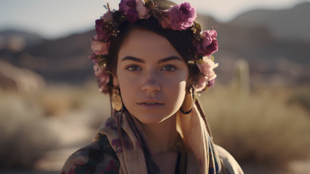 portrait of a beautiful girl in a wreath of flowers in the desertの素材