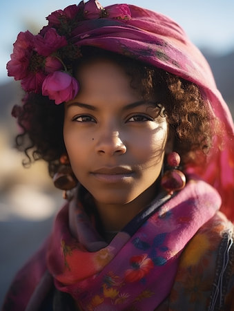 Portrait of a beautiful african american woman with flowers in her hairの素材