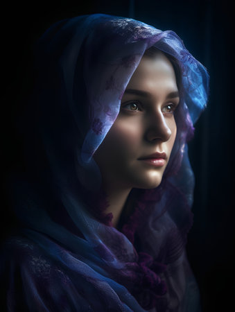 Portrait of a beautiful girl in a veil on a black backgroundの素材