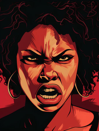 Angry woman face. Vector illustration in pop art comic style.の素材