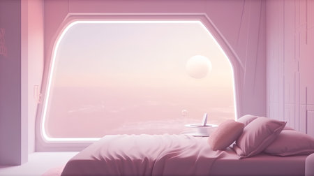 Interior of a pink room with a window overlooking the sea and the skyの素材