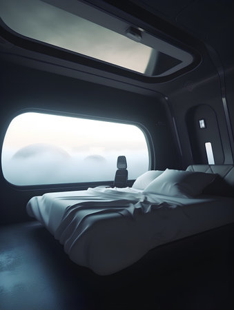 Interior of airplane with window view on foggy sky. 3d renderの素材