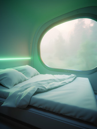 Interior of a train with a window and a view of the mountains. 3d renderingの素材
